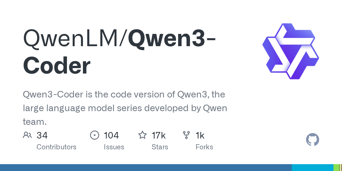 Qwen3-Coder 480B-A35B 开源大模型 GitHub 项目预览图。