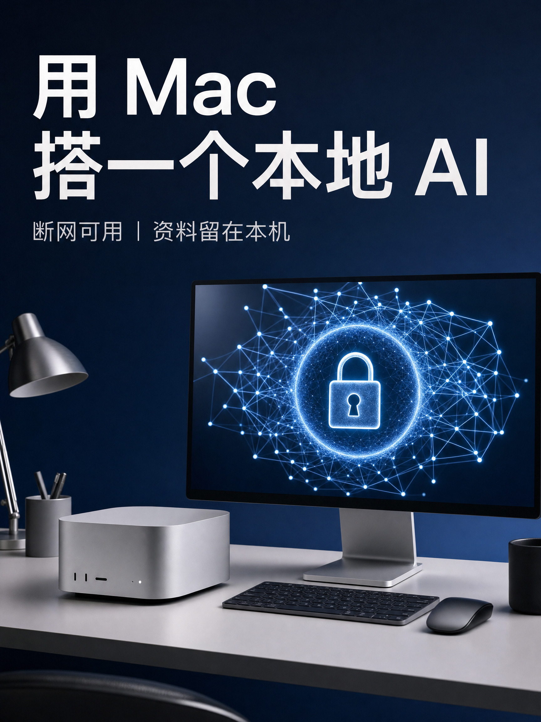 银色桌面电脑和显示器组成的科技感封面，屏幕上是发光神经网络与隐私锁图标，标题为“用 Mac 搭一个本地 AI”。