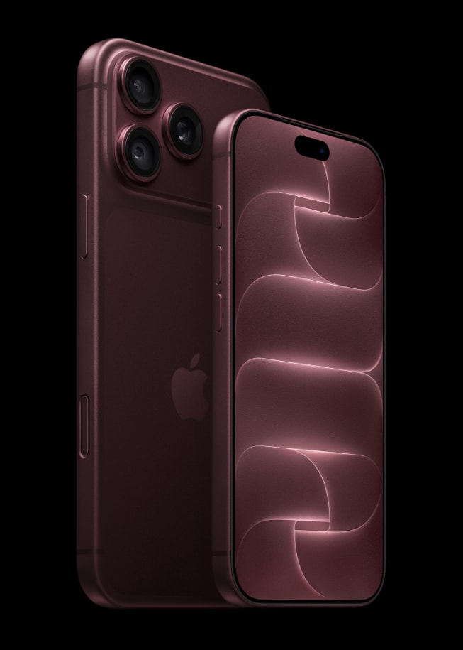 Apple 官方产品图：酒红色 iPhone 18 Pro 系列两部手机交叠，展示正面屏幕和背面三摄。