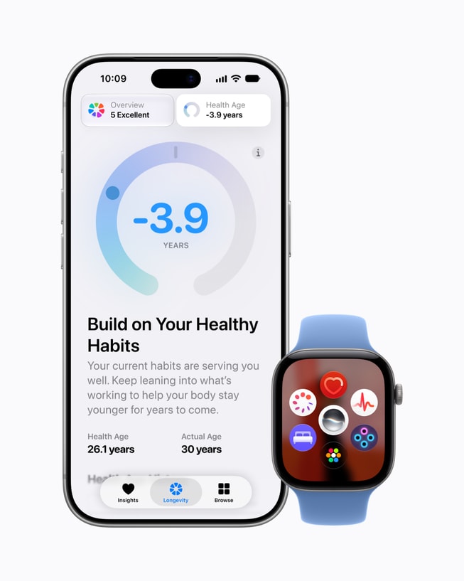 Apple 官方功能图：iPhone 显示健康 App 的健康年龄界面，旁边的蓝色表带 Apple Watch 显示应用图标。