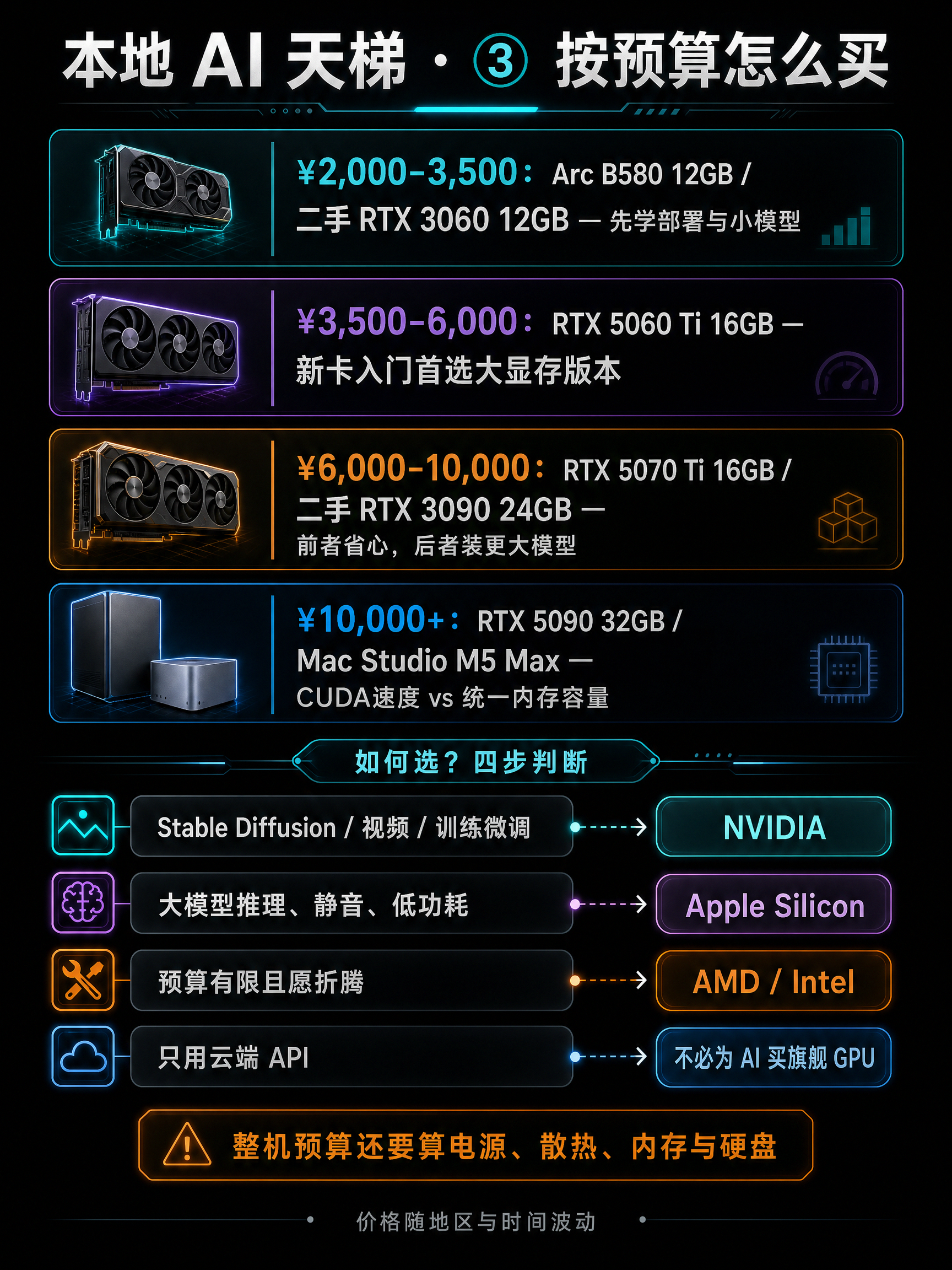 黑底霓虹信息图，按两千到万元以上四个预算档给出本地 AI GPU 购买建议，并用流程图区分 NVIDIA、Apple Silicon、AMD 和 Intel。