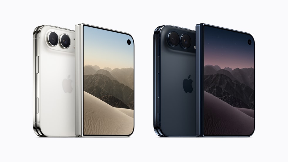 Apple 官方产品图：白色与深色 iPhone Duo 并排展示，呈现折叠状态下的屏幕、背面双摄和铰链。