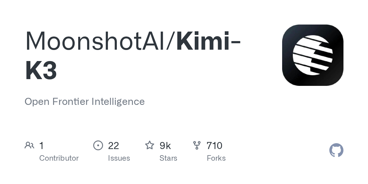 Kimi K3 开放权重模型 GitHub 项目预览图。